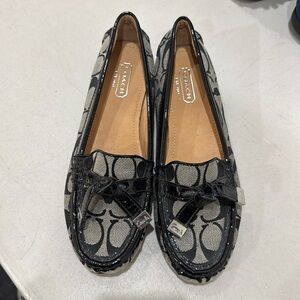 COACH Black Signature Jacquard Loafer Driving Shoes Patent Leather Logo Womens 5